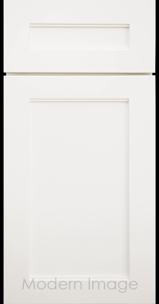 Destin shaker cabinet in Frost featuring ledge detail and vertical joints around a recessed center panel.